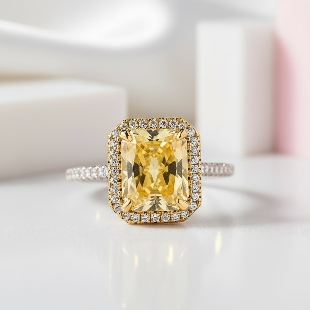 Luxurious Halo Radiant Cut Yellow Sapphire Engagement Ring-Black Diamonds New York