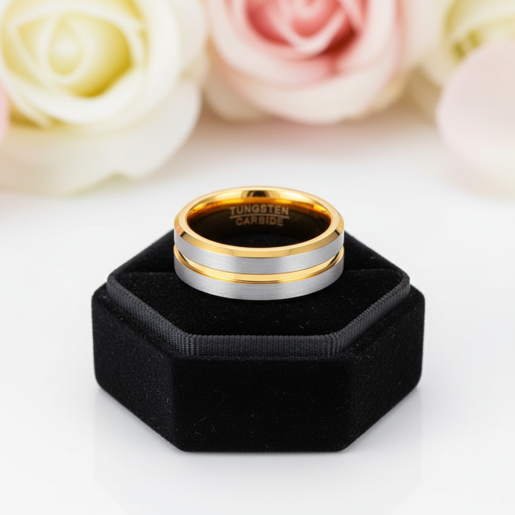 Luxurious Men's Brushed Tungsten Carbide Wedding Band-Black Diamonds New York