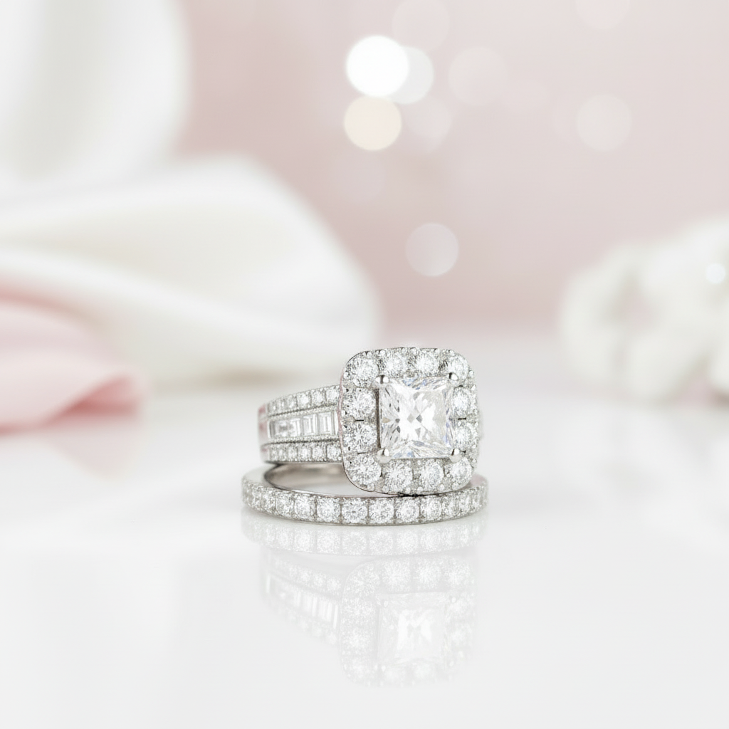 Luxurious Princess Cut Diamond Halo Engagement Set-Black Diamonds New York