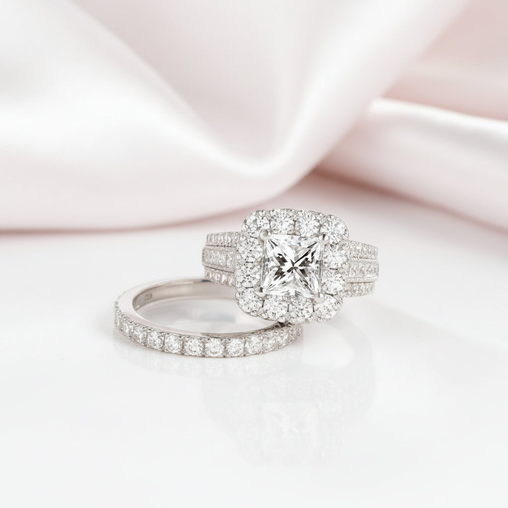 Luxurious Princess Cut Diamond Option Halo Engagement Set-Black Diamonds New York