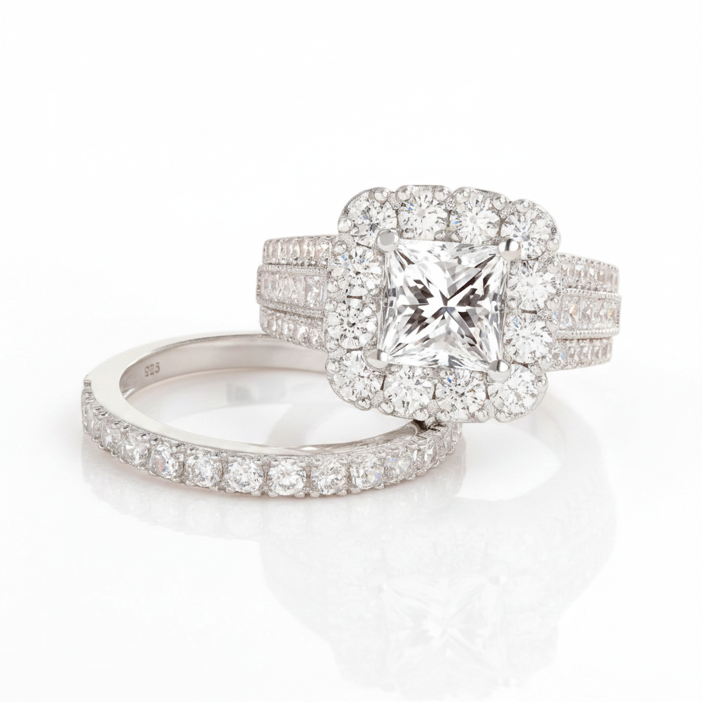 Luxurious Princess Cut Diamond Option Halo Engagement Set-Black Diamonds New York