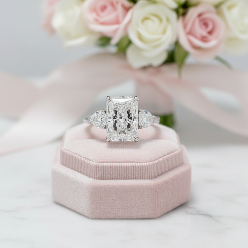 Luxurious Radiant Cut Three Stone Engagement Ring-Black Diamonds New York