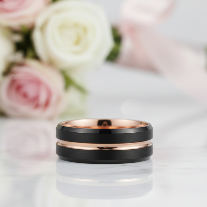 Luxurious Rose Gold & Black Tungsten Men's Wedding Band  Black Diamonds  New York