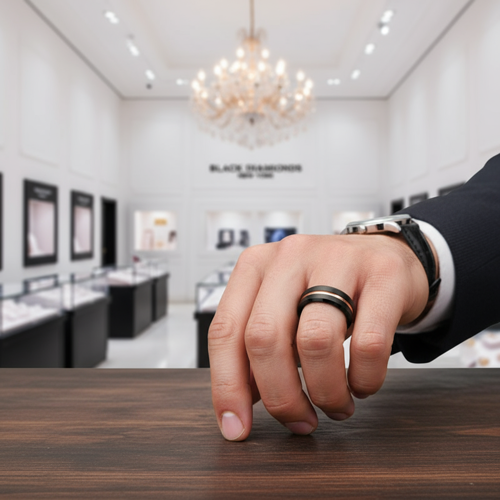 Luxurious Rose Gold & Black Tungsten Men's Wedding Band-Black Diamonds New York