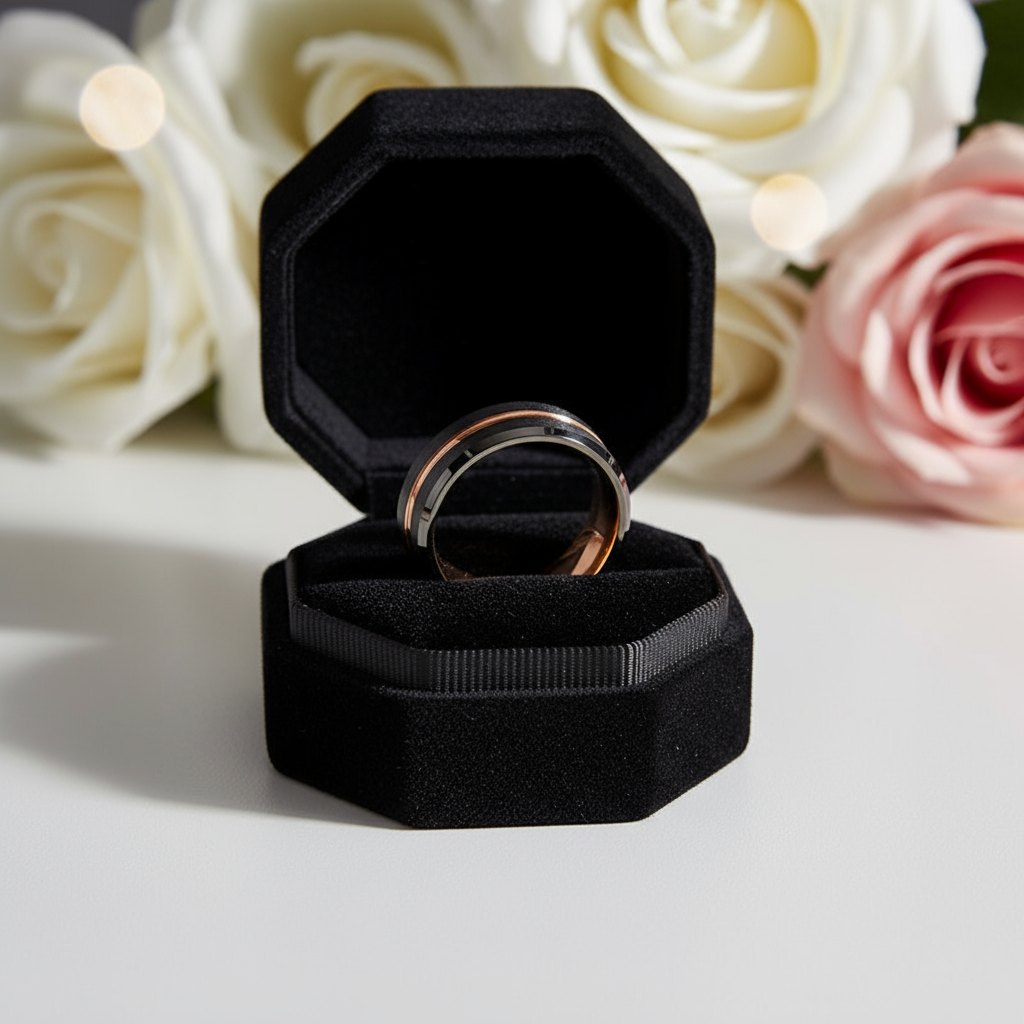 Luxurious Rose Gold & Black Tungsten Men's Wedding Band-Black Diamonds New York