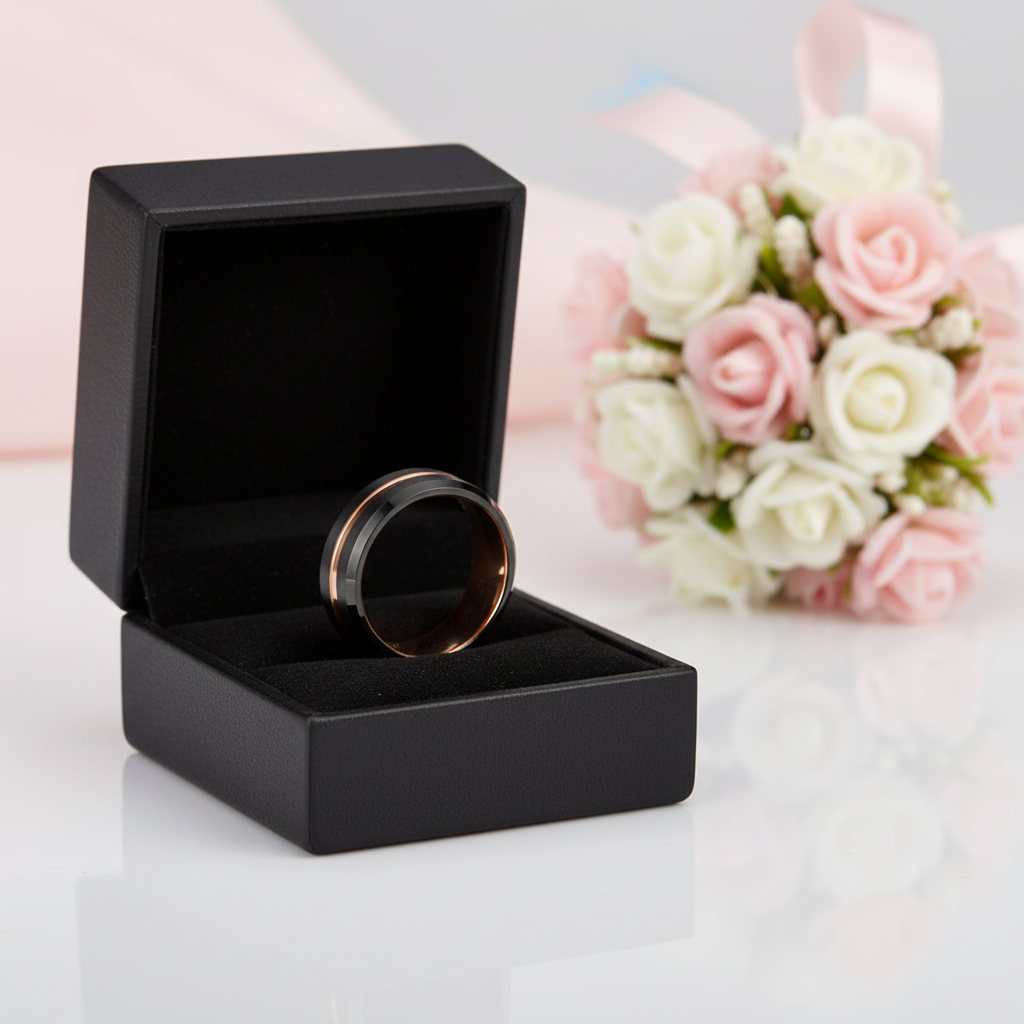 Luxurious Rose Gold & Black Tungsten Men's Wedding Band-Black Diamonds New York