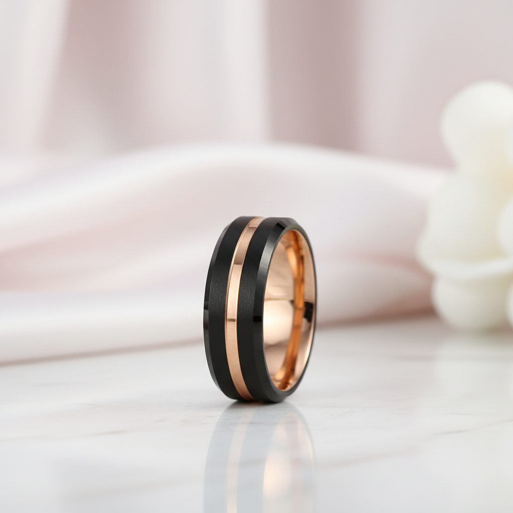 Luxurious Rose Gold & Black Tungsten Men's Wedding Band-Black Diamonds New York