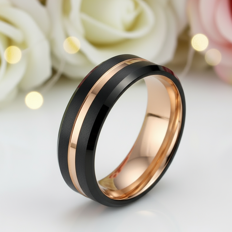 Luxurious Rose Gold & Black Tungsten Men's Wedding Band-Black Diamonds New York
