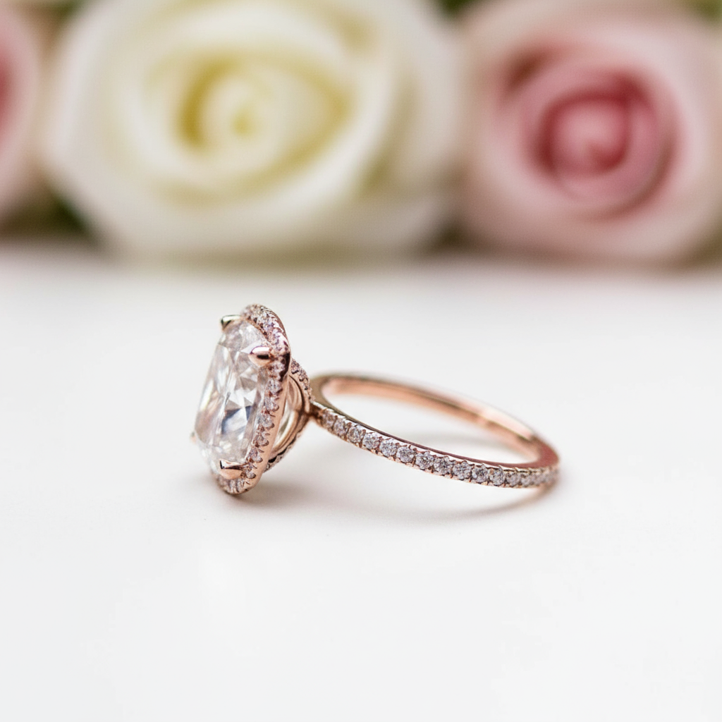 Luxurious Rose Gold Halo Cushion Cut Engagement Ring-Black Diamonds New York