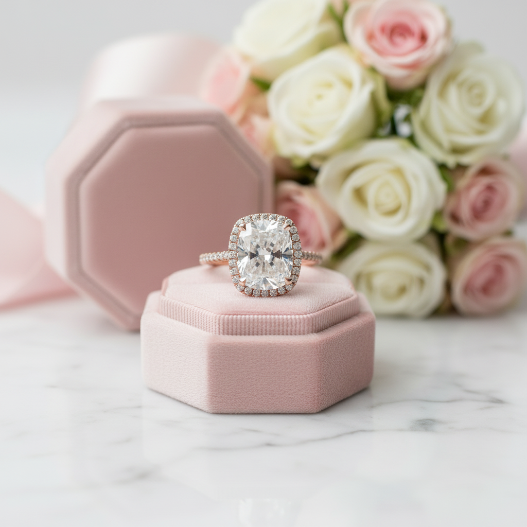 Luxurious Rose Gold Halo Cushion Cut Engagement Ring-Black Diamonds New York