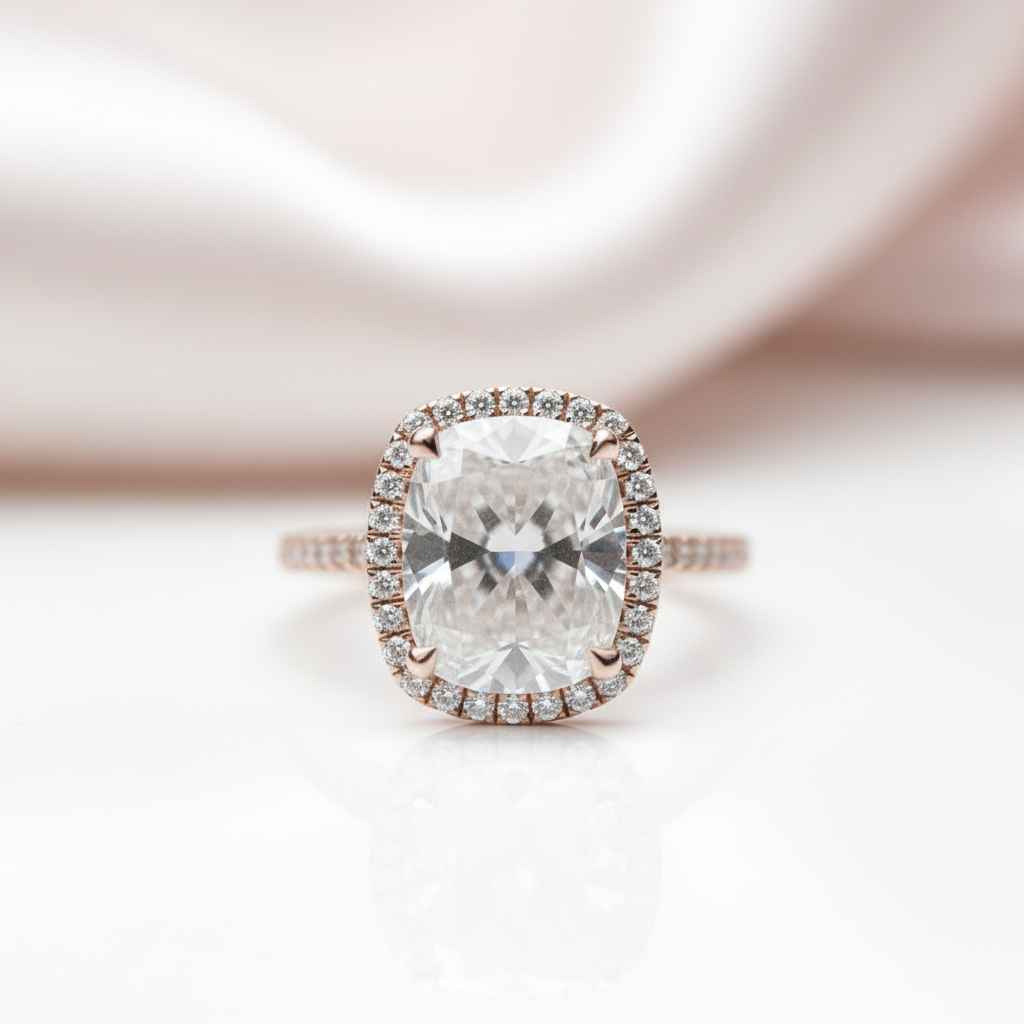 Luxurious Rose Gold Halo Cushion Cut Engagement Ring-Black Diamonds New York