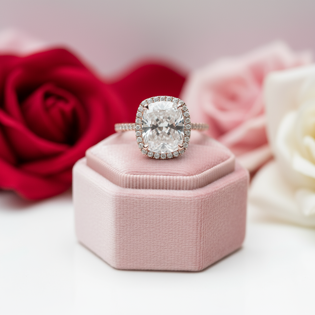 Luxurious Rose Gold Halo Cushion Cut Engagement Ring-Black Diamonds New York