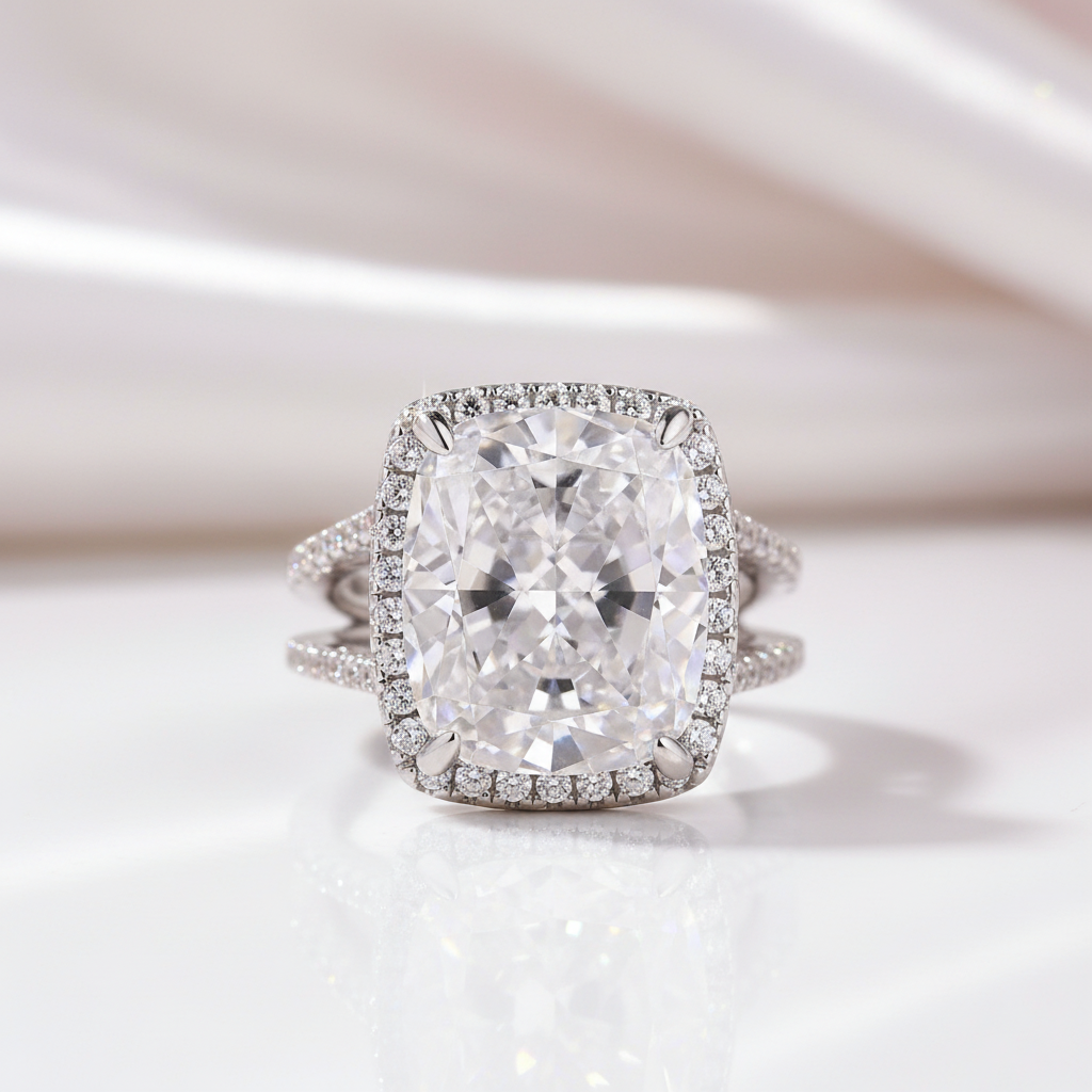 Luxurious Split Shank Halo Cushion Cut Engagement Ring-Black Diamonds New York