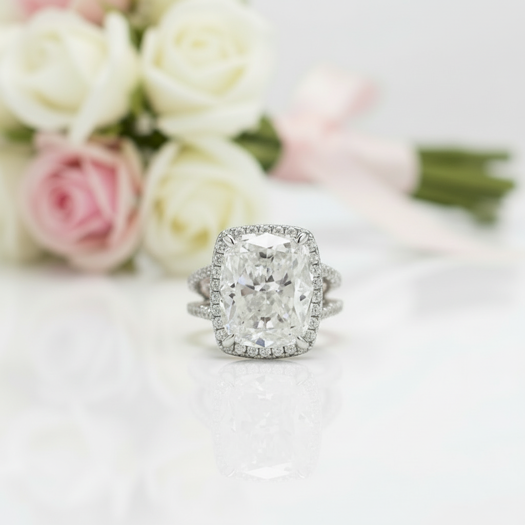 Luxurious Split Shank Halo Cushion Cut Engagement Ring-Black Diamonds New York