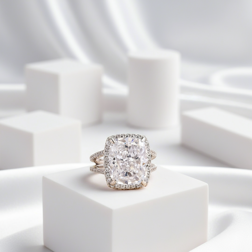 Luxurious Split Shank Halo Cushion Cut Engagement Ring-Black Diamonds New York