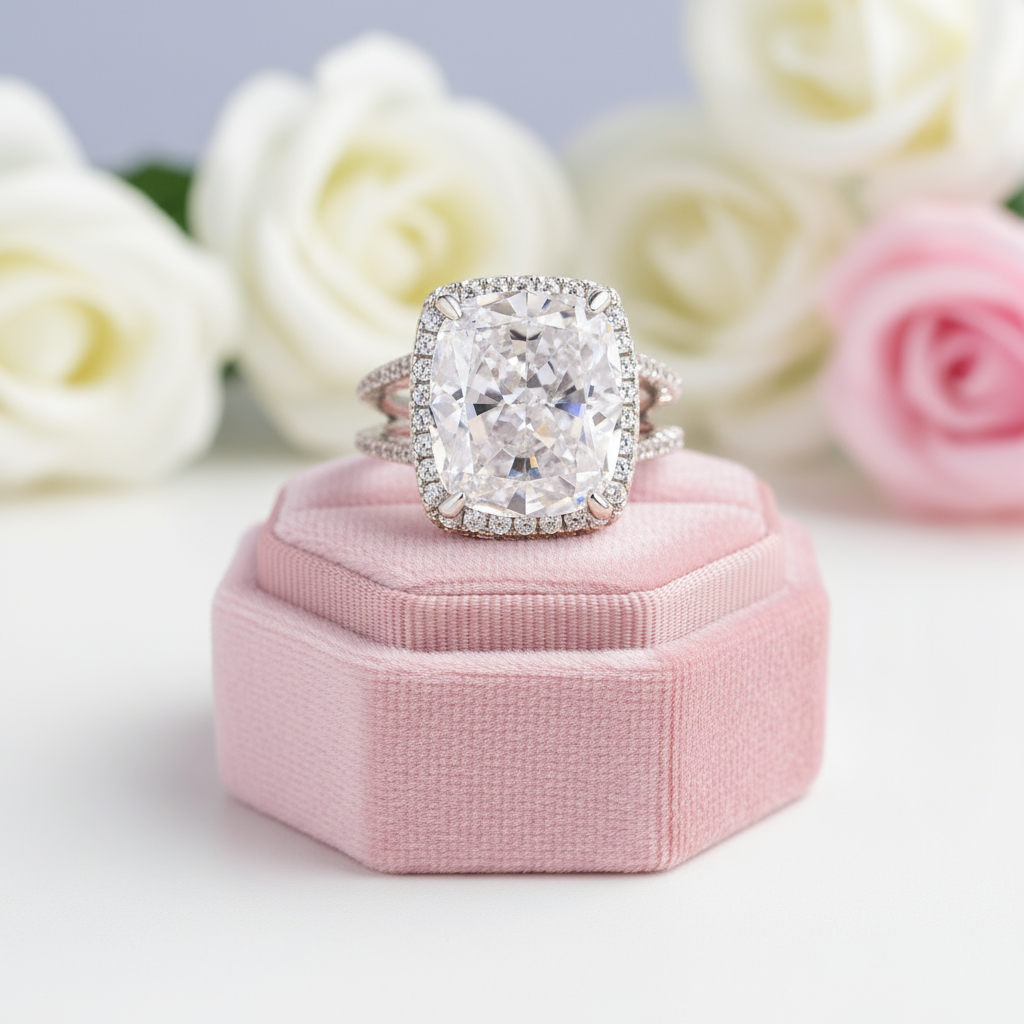 Luxurious Split Shank Halo Cushion Cut Engagement Ring-Black Diamonds New York