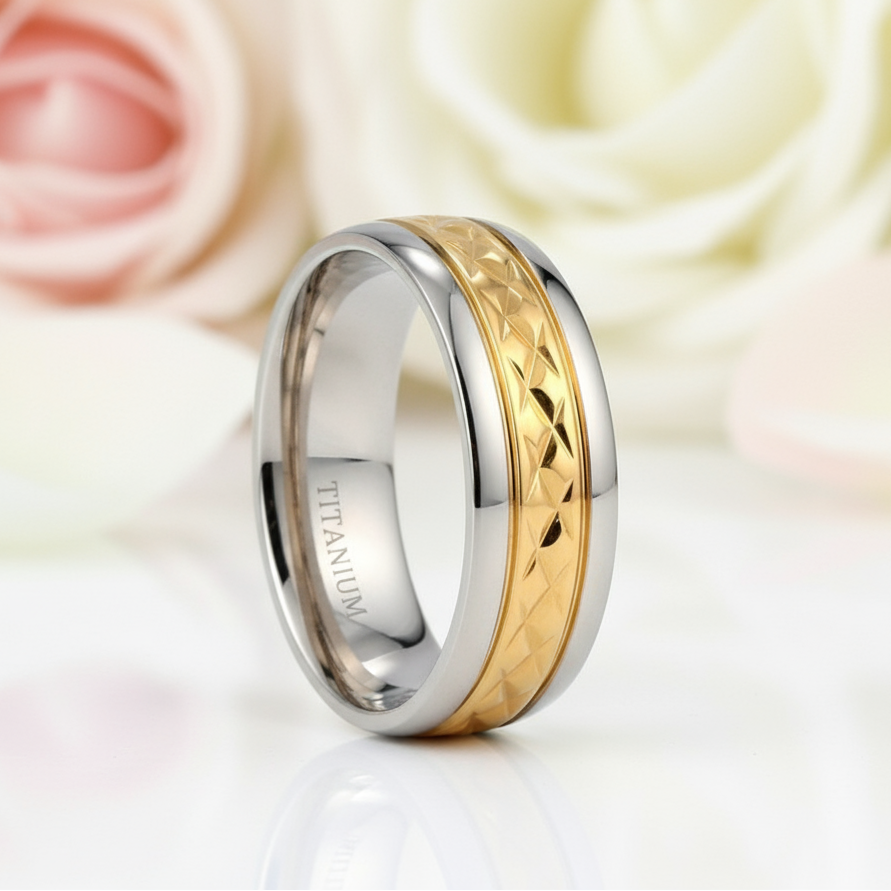 Luxurious Two-Tone Men's Titanium Wedding Band-Black Diamonds New York