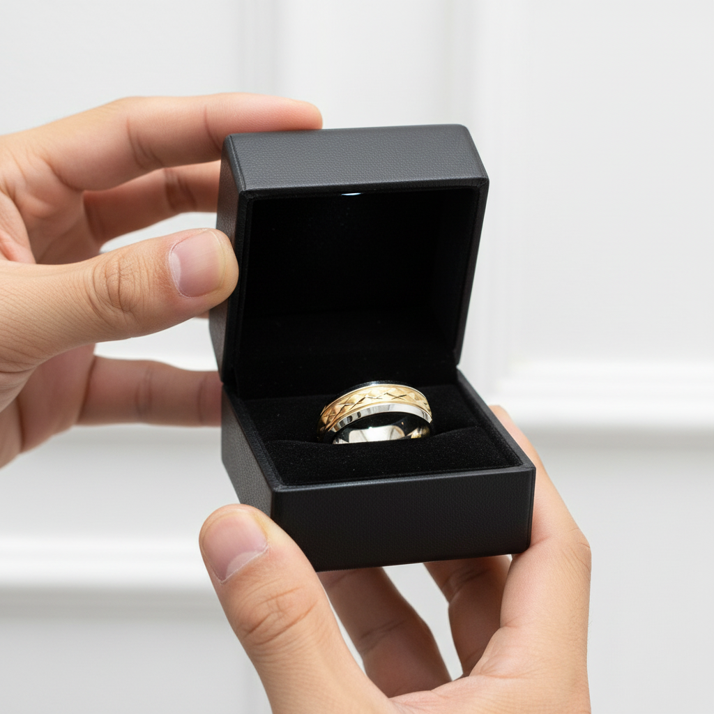 Luxurious Two-Tone Men's Titanium Wedding Band-Black Diamonds New York