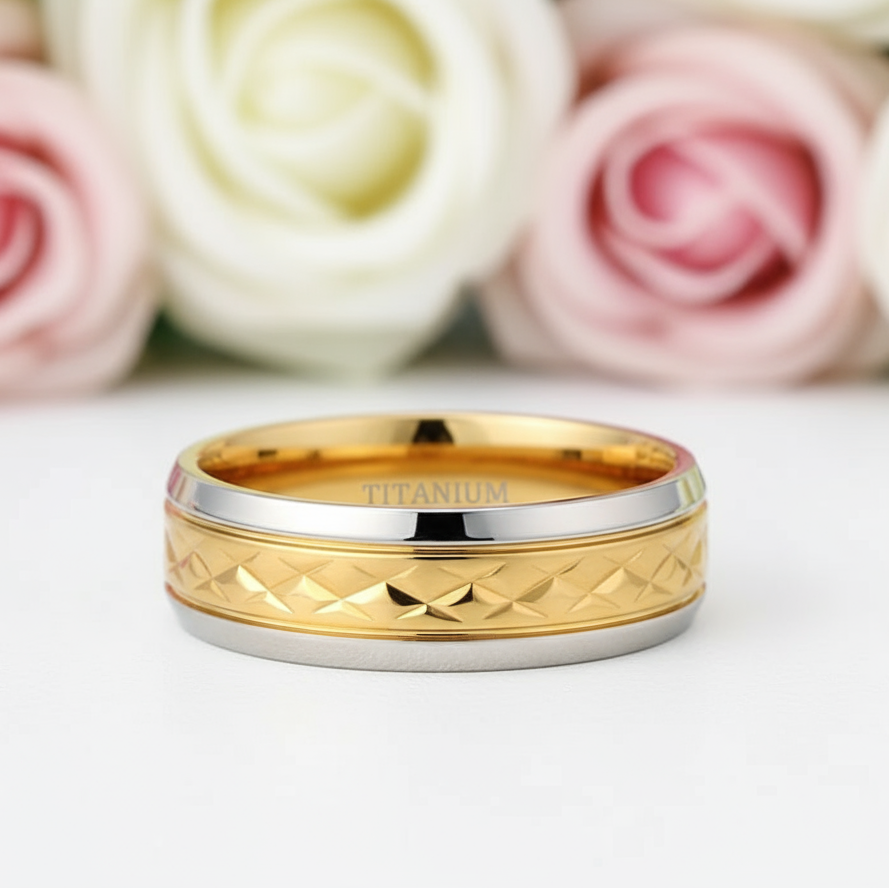 Luxurious Two-Tone Men's Titanium Wedding Band-Black Diamonds New York