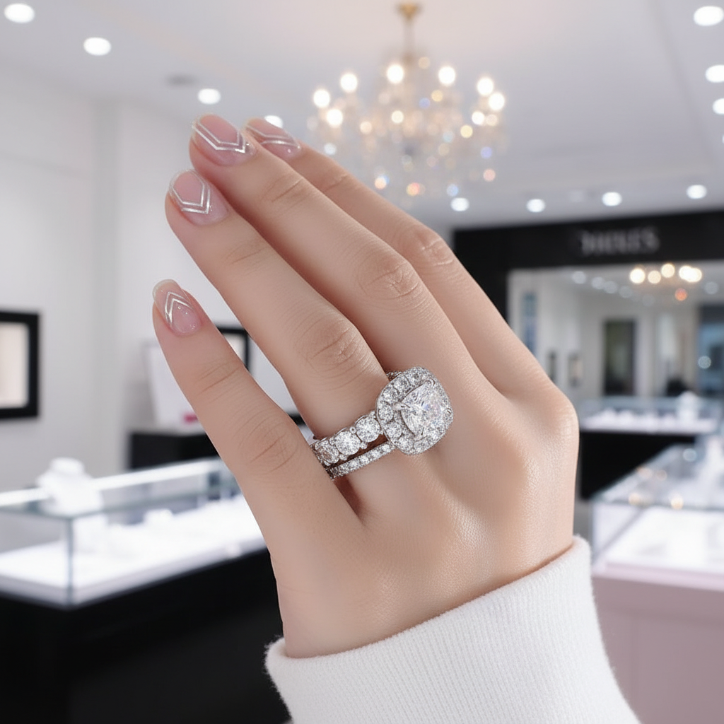 Luxury Eternity Halo Cushion Cut Wedding Ring Set-Black Diamonds New York