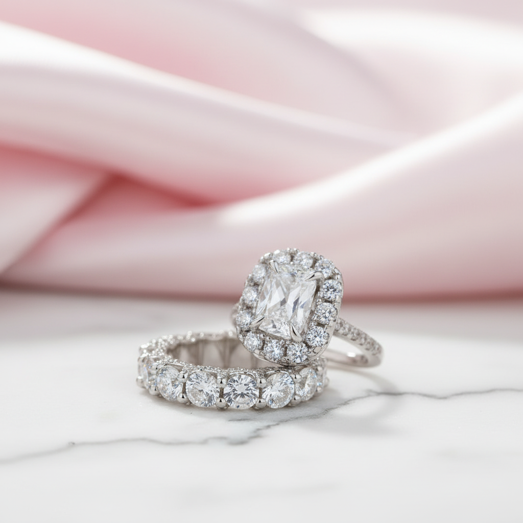 Luxury Eternity Halo Cushion Cut Wedding Ring Set-Black Diamonds New York
