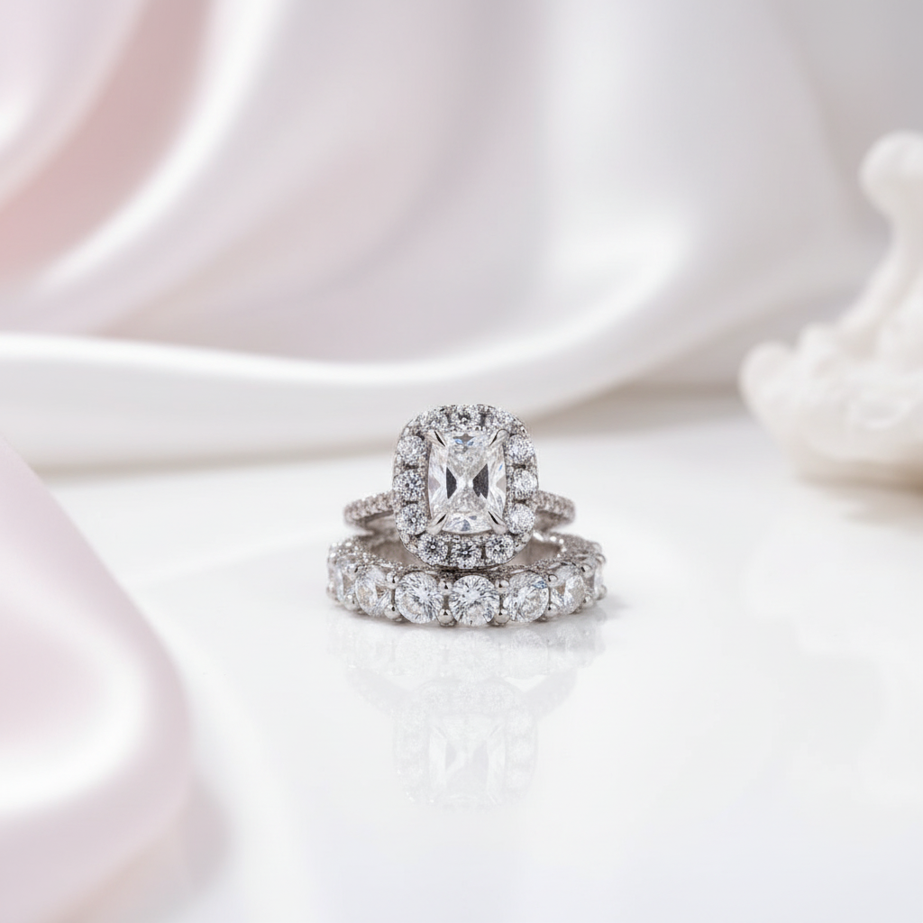 Luxury Eternity Halo Cushion Cut Wedding Ring Set-Black Diamonds New York