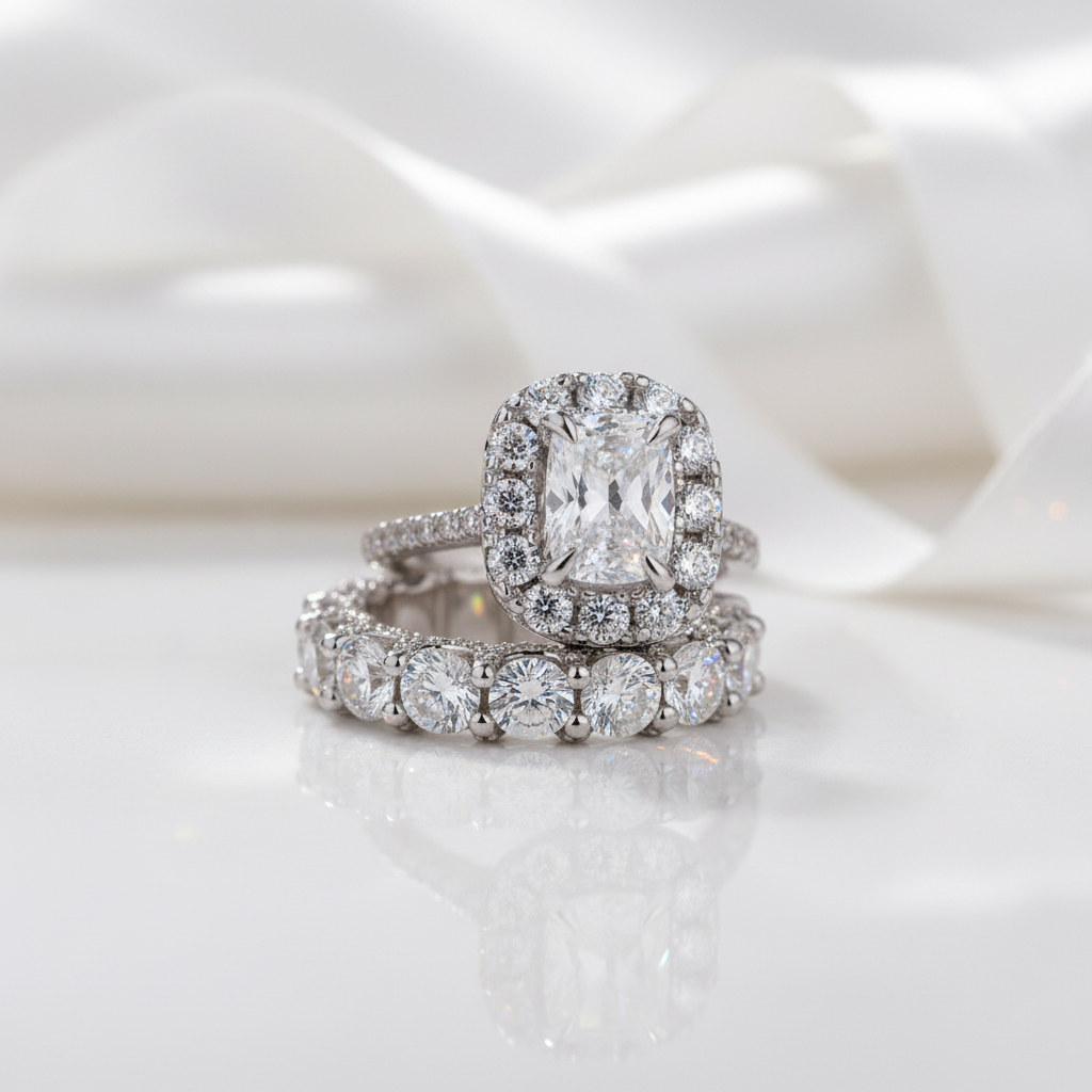 Luxury Eternity Halo Cushion Cut Wedding Ring Set-Black Diamonds New York