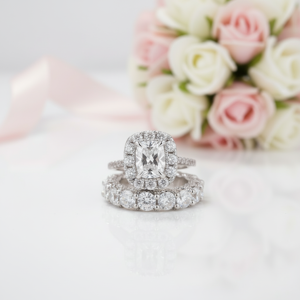 Luxury Eternity Halo Cushion Cut Wedding Ring Set-Black Diamonds New York