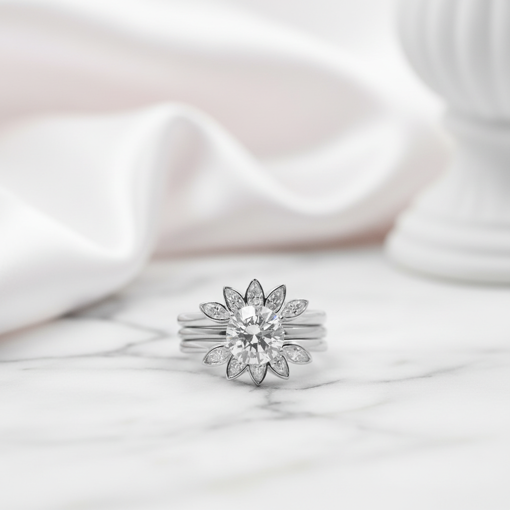 Luxury Flower Shaped Diamond Option Ring Set-Black Diamonds New York