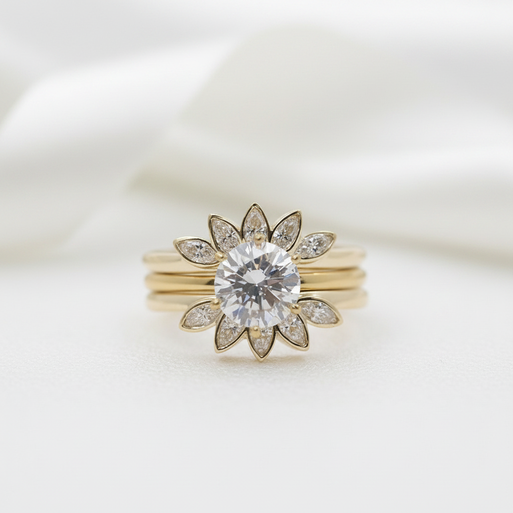 Luxury Flower Shaped Diamond Option Ring Set-Black Diamonds New York
