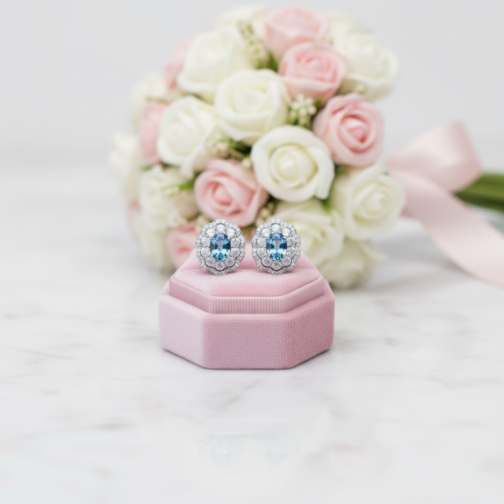 Oval Cut Blue Topaz Stud Earrings-Black Diamonds New York