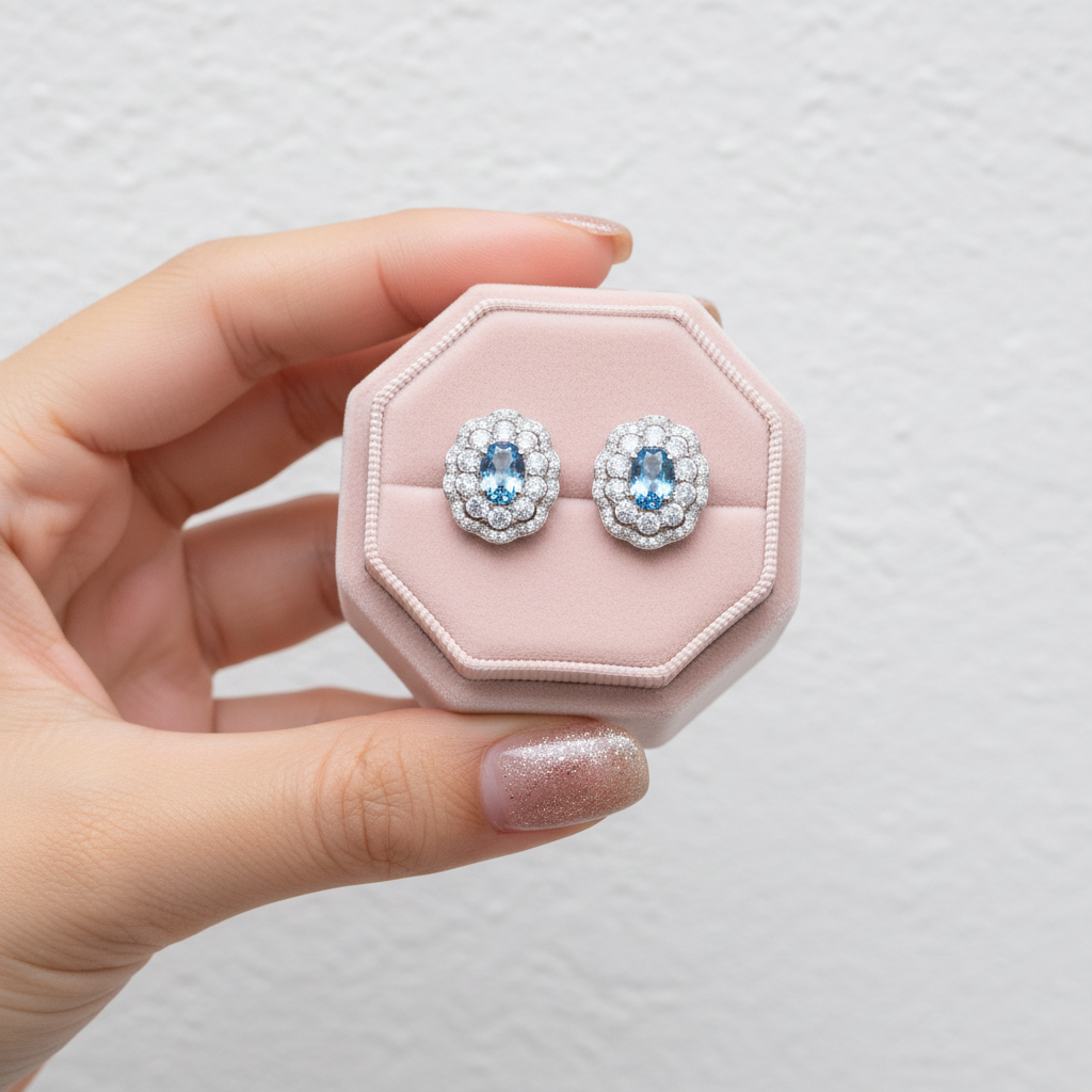 Oval Cut Blue Topaz Stud Earrings-Black Diamonds New York