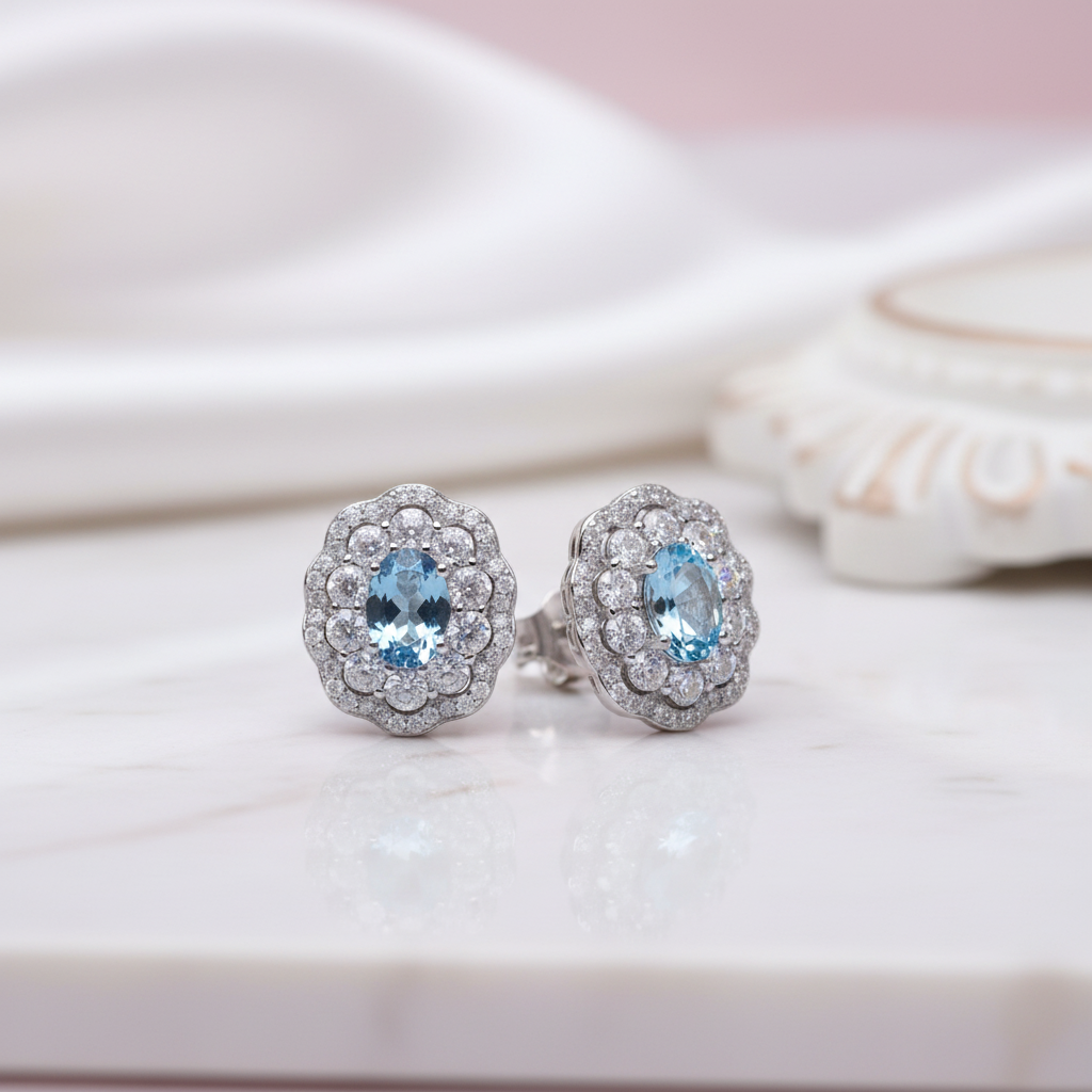 Oval Cut Blue Topaz Stud Earrings-Black Diamonds New York