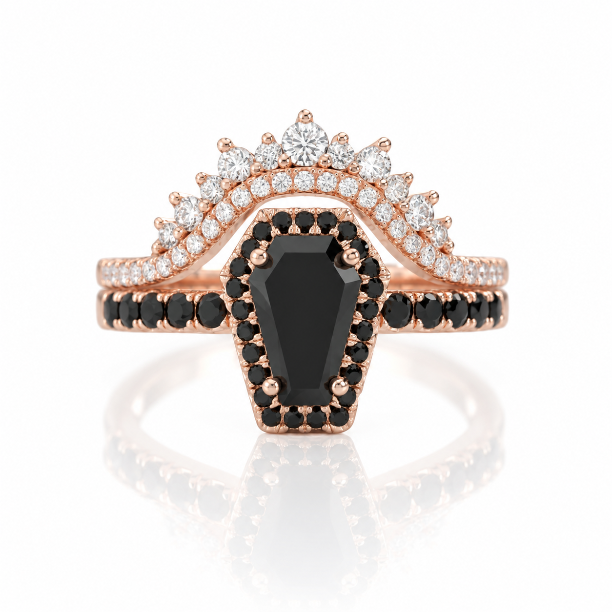 Best Love Rings in Rose Gold- Rare Coffin Cut Diamond Option Gothic Ring Set-Black Diamonds New York