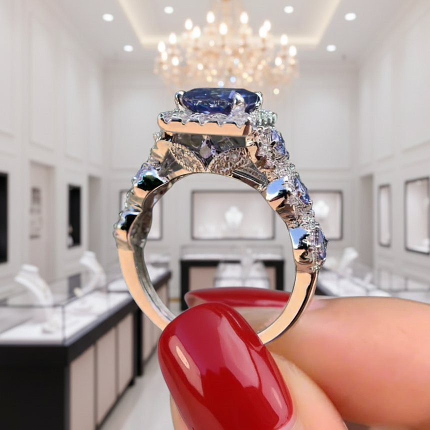 Purple Blue Princess Cut Tanzanite Gemstone Engagement Ring Set-Black Diamonds New York