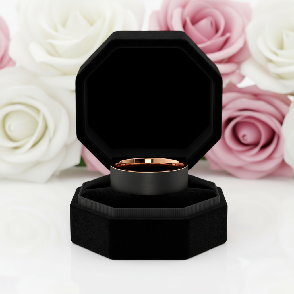 Matte Black & Rose Gold Finish Tungsten Carbide Wedding Band-Black Diamonds New York