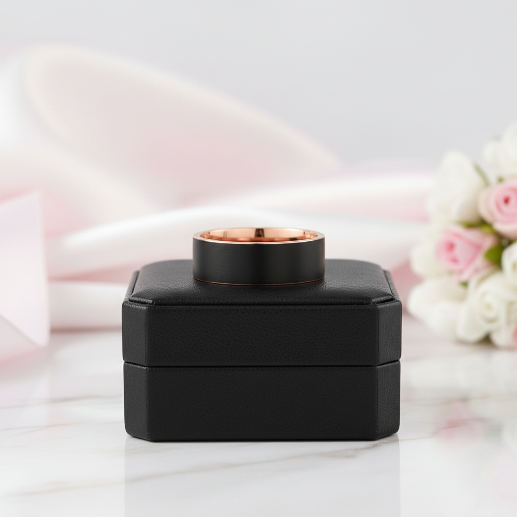 Matte Black & Rose Gold Finish Tungsten Carbide Wedding Band-Black Diamonds New York