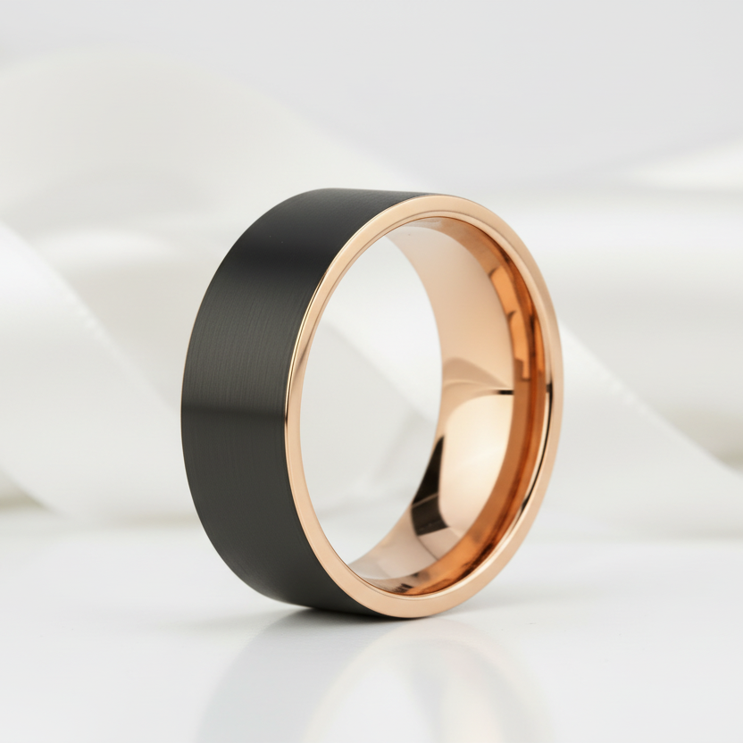 Matte Black & Rose Gold Finish Tungsten Carbide Wedding Band-Black Diamonds New York