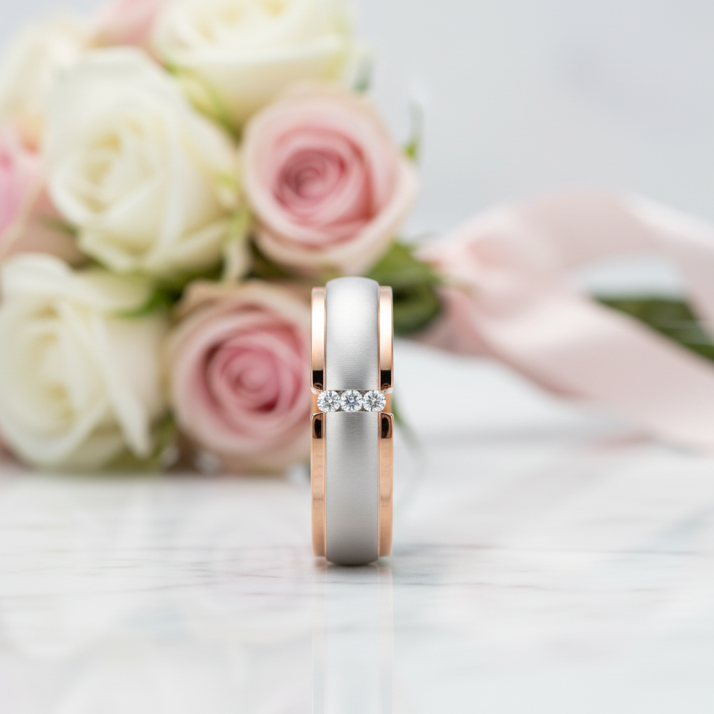Matte Surface Stainless Steel Couples Wedding Band-Black Diamonds New York