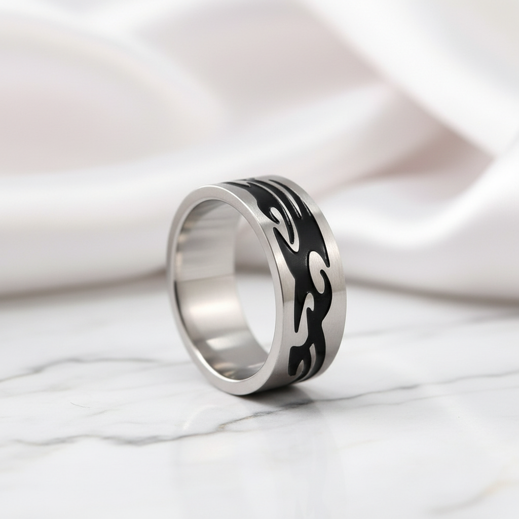 Men's Gothic Option Stainless Steel Ring Band-Black Diamonds New York