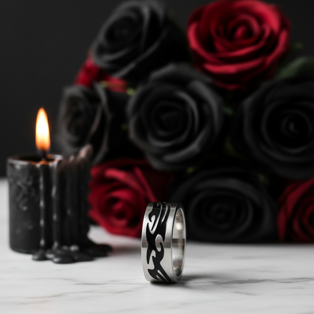 Men's Gothic Option Stainless Steel Ring Band-Black Diamonds New York