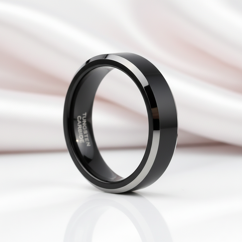 Men's 6mm Beveled Tungsten Carbide Wedding Band-Black Diamonds New York