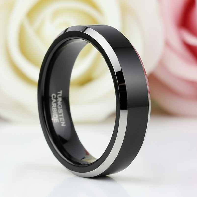 Men's 6mm Beveled Tungsten Carbide Wedding Band-Black Diamonds New York