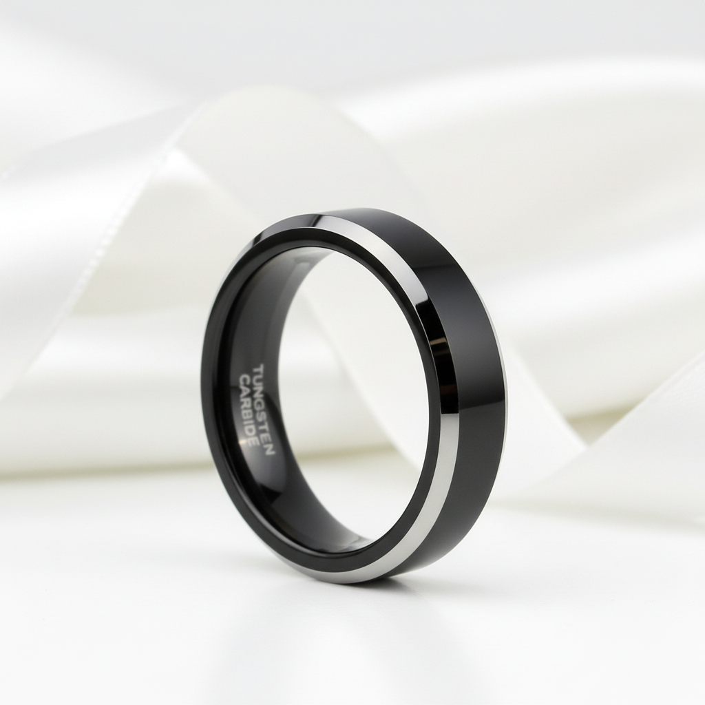 Men's 6mm Beveled Tungsten Carbide Wedding Band-Black Diamonds New York