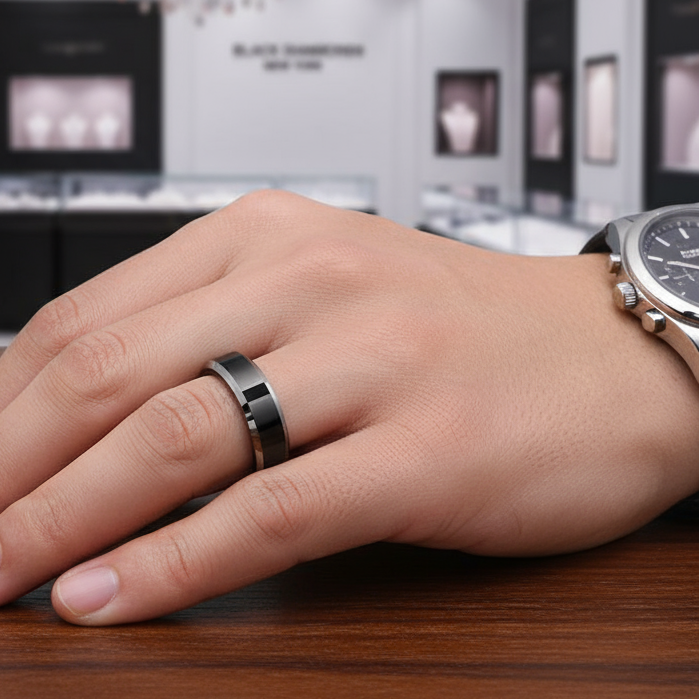 Men's 6mm Beveled Tungsten Carbide Wedding Band-Black Diamonds New York