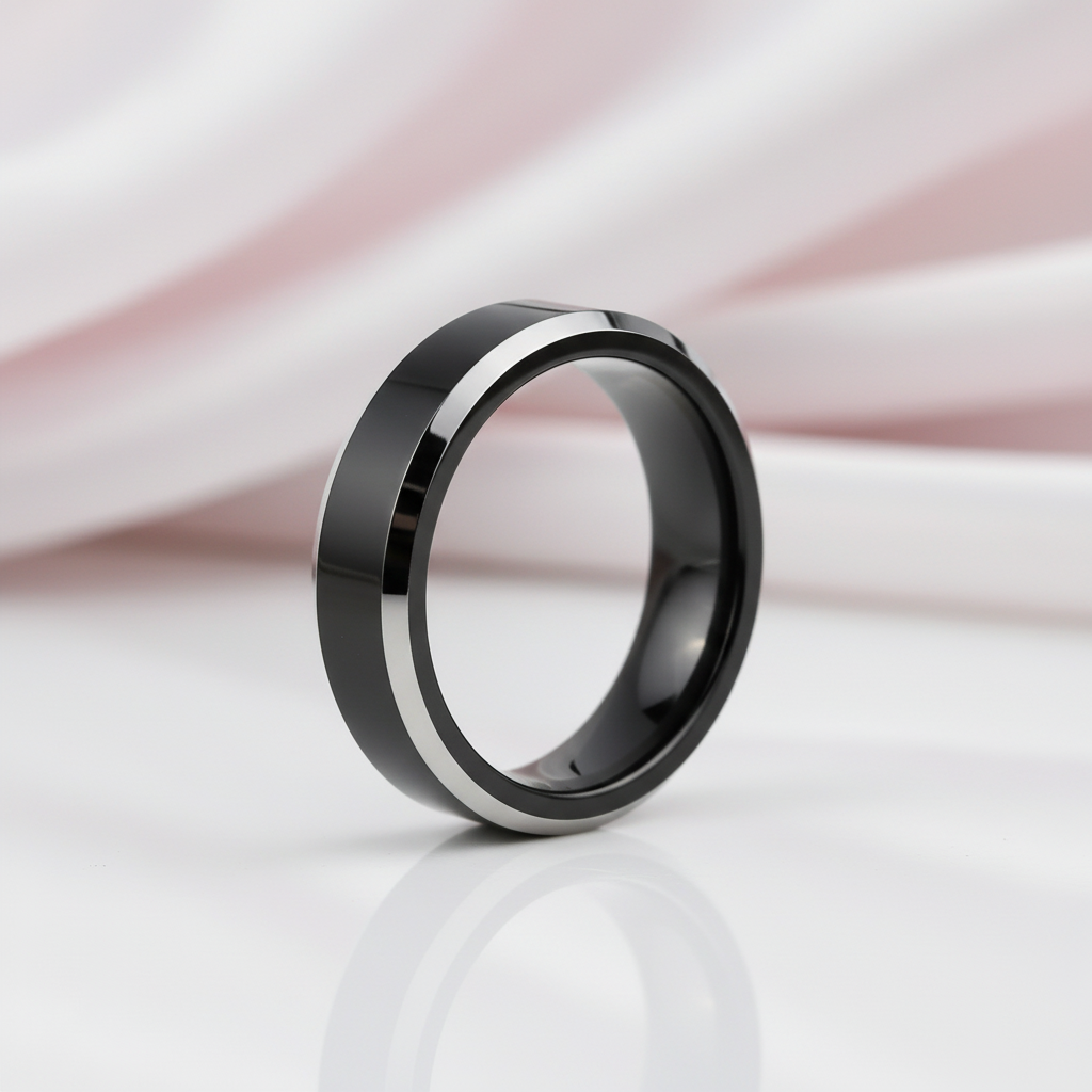 Men's 6mm Beveled Tungsten Carbide Wedding Band-Black Diamonds New York