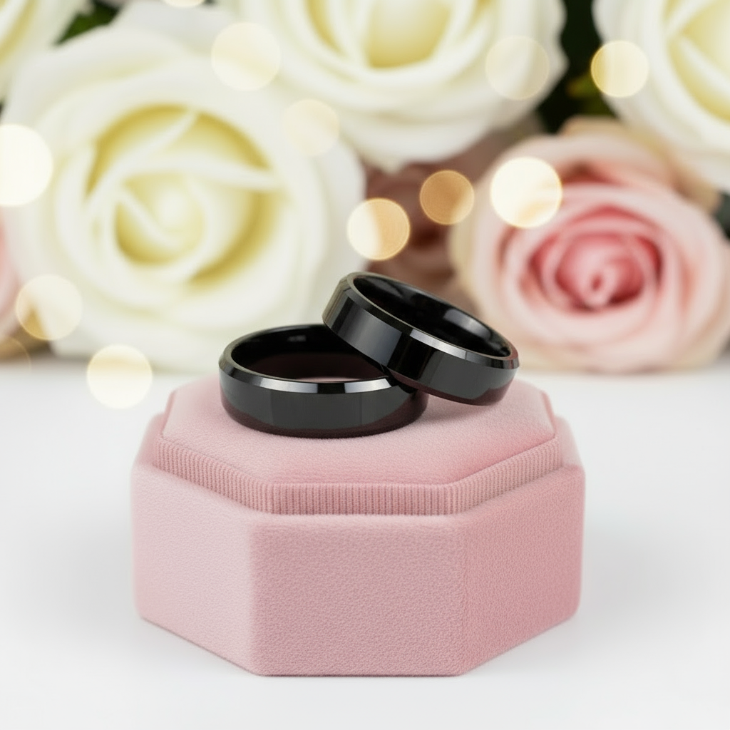 Men's 6mm Beveled Tungsten Carbide Wedding Band-Black Diamonds New York