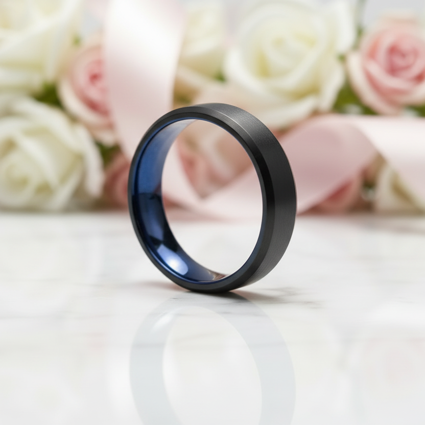 Men's 6mm Brushed Black & Blue Titanium Wedding Band-Black Diamonds New York