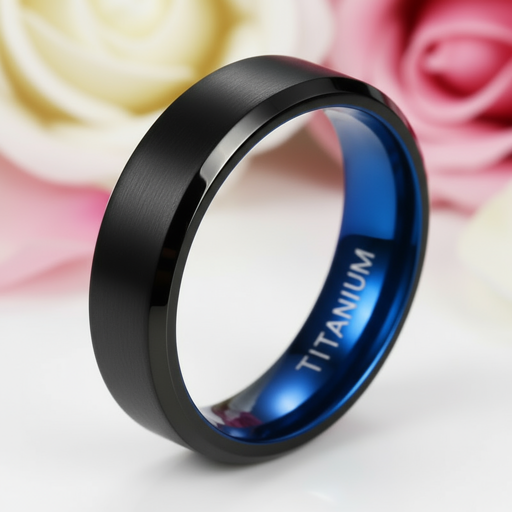 Men's 6mm Brushed Black & Blue Titanium Wedding Band-Black Diamonds New York