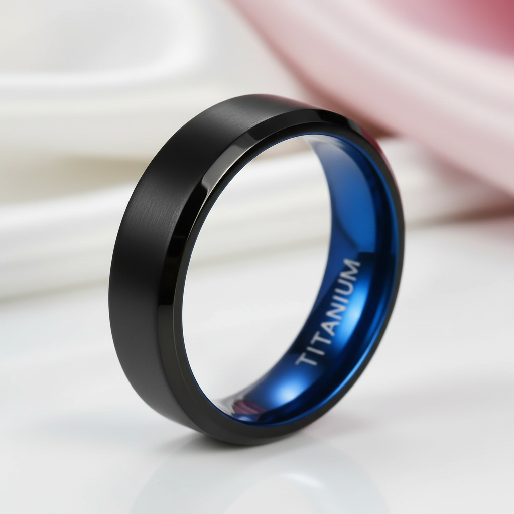 Men's 6mm Brushed Black & Blue Titanium Wedding Band-Black Diamonds New York